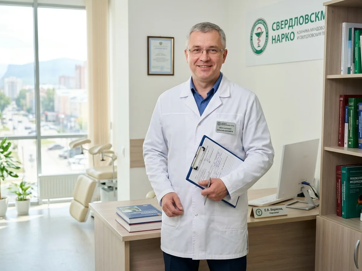 Врач-нарколог клиники СвердловскМед Нарко — мужчина в белом халате, профессиональный вид, уверенная поза, светлый медицинский кабинет в Екатеринбурге