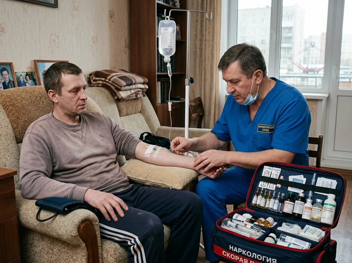 Врач-нарколог ставит капельницу пациенту при выводе из запоя на дому в Екатеринбурге, медицинская сумка с препаратами рядом